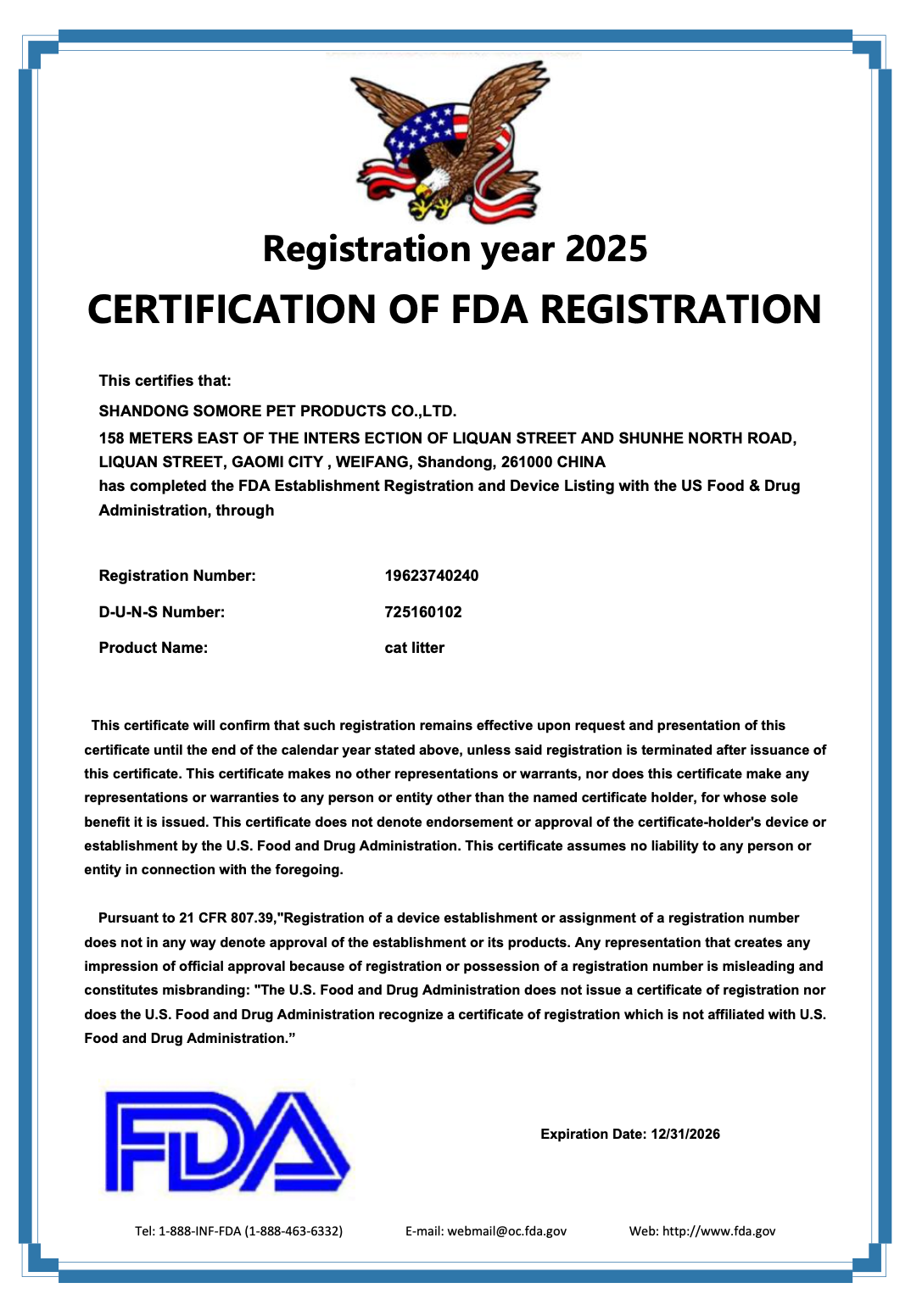FDA Certificate